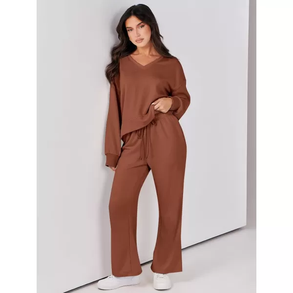 Caracilia Women's Two Piece Outfits Matching Sets Long Sleeve Cropped Tops and Wide Leg Pants Tracksuit Lounge Sets