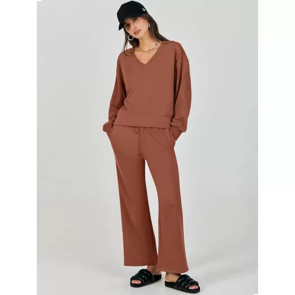 Caracilia Women's Two Piece Outfits Matching Sets Long Sleeve Cropped Tops and Wide Leg Pants Tracksuit Lounge Sets