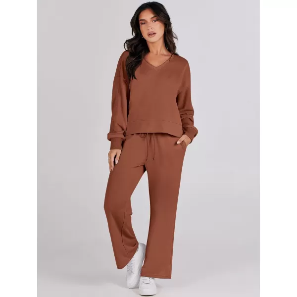 Caracilia Women's Two Piece Outfits Matching Sets Long Sleeve Cropped Tops and Wide Leg Pants Tracksuit Lounge Sets