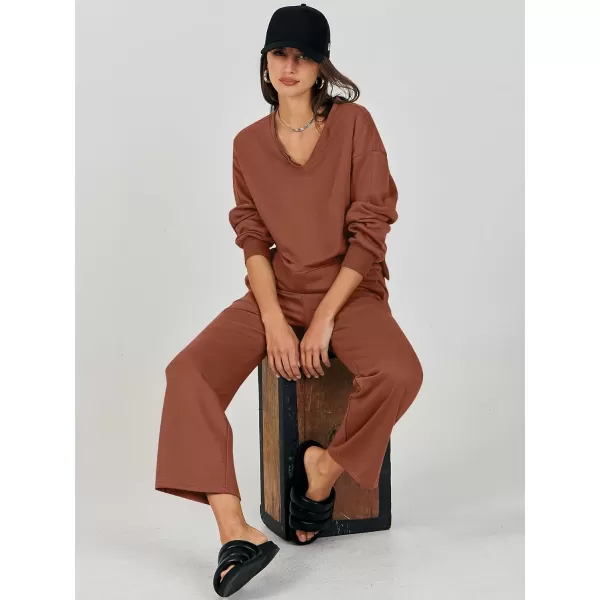 Caracilia Women's Two Piece Outfits Matching Sets Long Sleeve Cropped Tops and Wide Leg Pants Tracksuit Lounge Sets