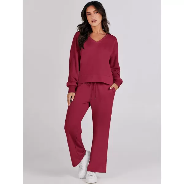 Caracilia Women's Two Piece Outfits Matching Sets Long Sleeve Cropped Tops and Wide Leg Pants Tracksuit Lounge Sets
