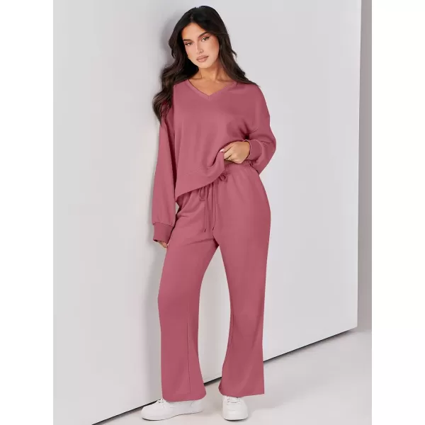 Caracilia Women's Two Piece Outfits Matching Sets Long Sleeve Cropped Tops and Wide Leg Pants Tracksuit Lounge Sets