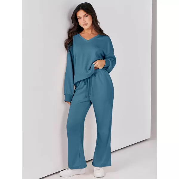 Caracilia Women's Two Piece Outfits Matching Sets Long Sleeve Cropped Tops and Wide Leg Pants Tracksuit Lounge Sets