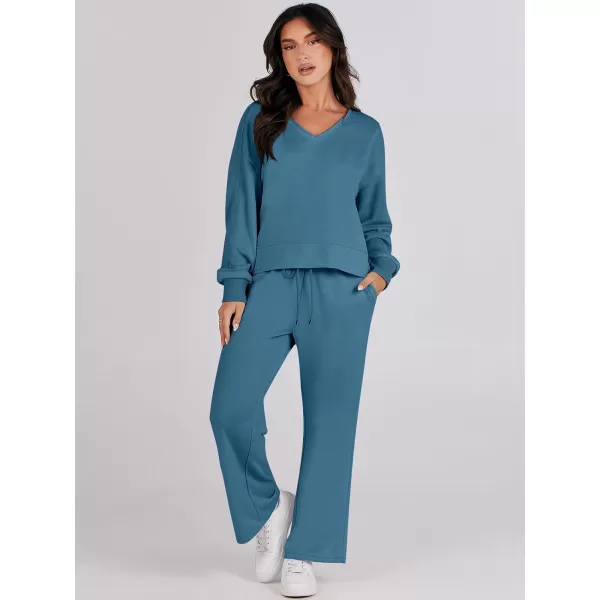 Caracilia Women's Two Piece Outfits Matching Sets Long Sleeve Cropped Tops and Wide Leg Pants Tracksuit Lounge Sets