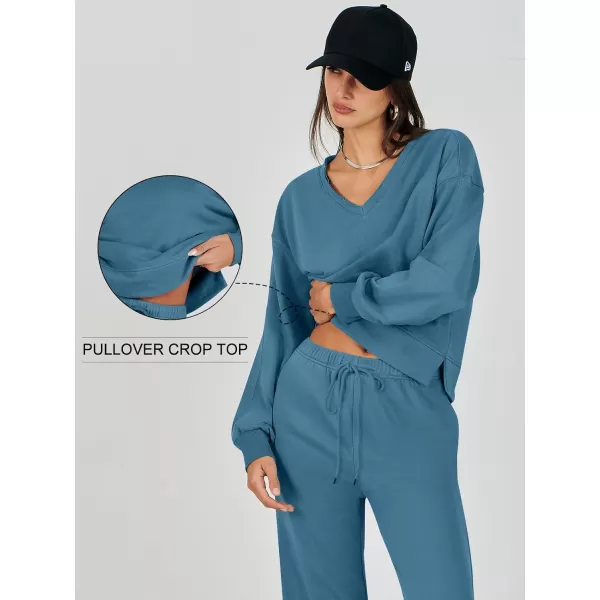 Caracilia Women's Two Piece Outfits Matching Sets Long Sleeve Cropped Tops and Wide Leg Pants Tracksuit Lounge Sets