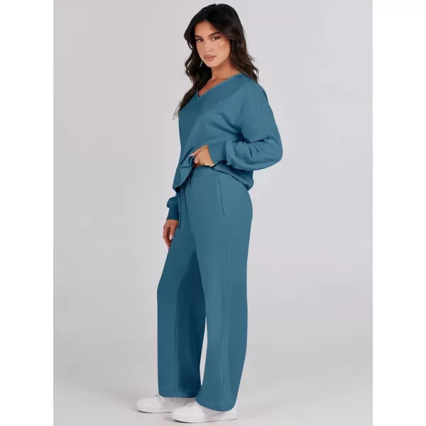 Caracilia Women's Two Piece Outfits Matching Sets Long Sleeve Cropped Tops and Wide Leg Pants Tracksuit Lounge Sets