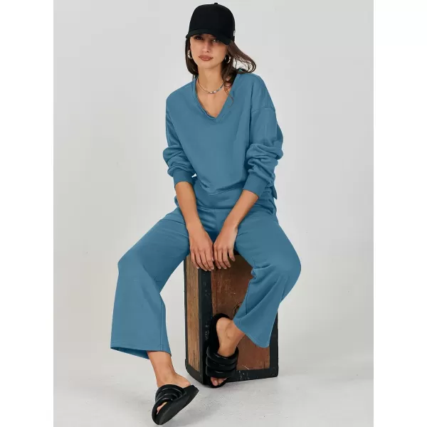 Caracilia Women's Two Piece Outfits Matching Sets Long Sleeve Cropped Tops and Wide Leg Pants Tracksuit Lounge Sets