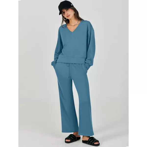 Caracilia Women's Two Piece Outfits Matching Sets Long Sleeve Cropped Tops and Wide Leg Pants Tracksuit Lounge Sets