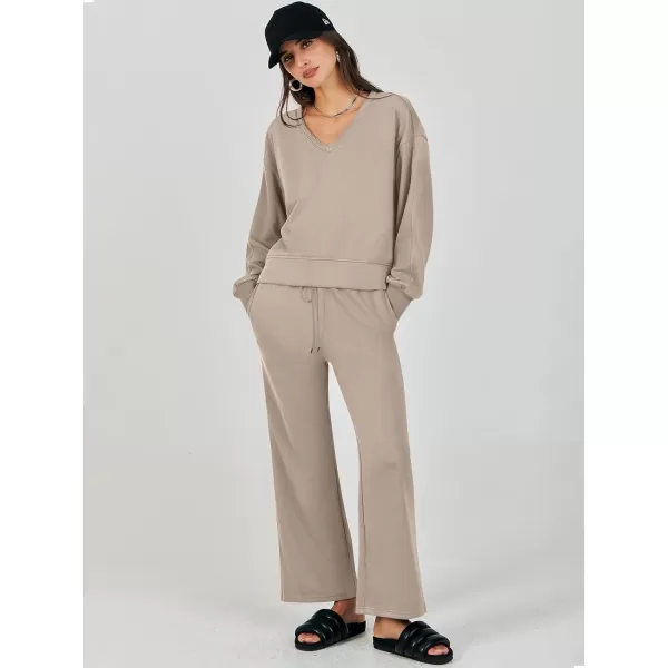 Caracilia Women's Two Piece Outfits Matching Sets Long Sleeve Cropped Tops and Wide Leg Pants Tracksuit Lounge Sets