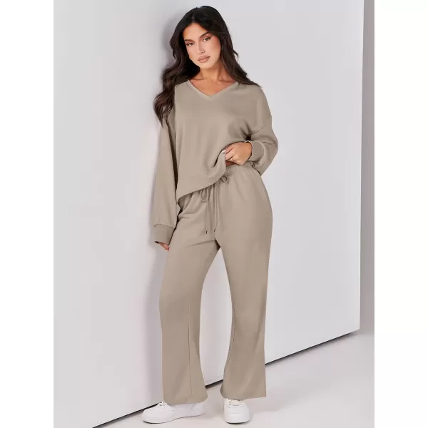 Caracilia Women's Two Piece Outfits Matching Sets Long Sleeve Cropped Tops and Wide Leg Pants Tracksuit Lounge Sets