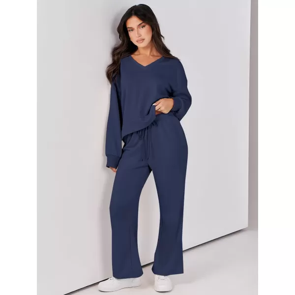 Caracilia Women's Two Piece Outfits Matching Sets Long Sleeve Cropped Tops and Wide Leg Pants Tracksuit Lounge Sets