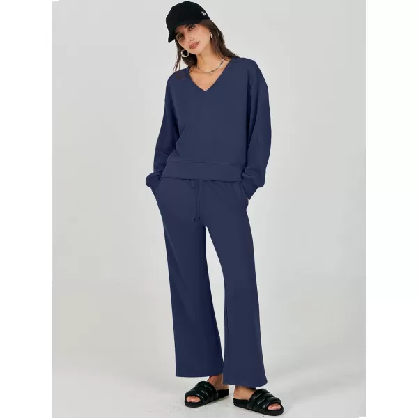 Caracilia Women's Two Piece Outfits Matching Sets Long Sleeve Cropped Tops and Wide Leg Pants Tracksuit Lounge Sets