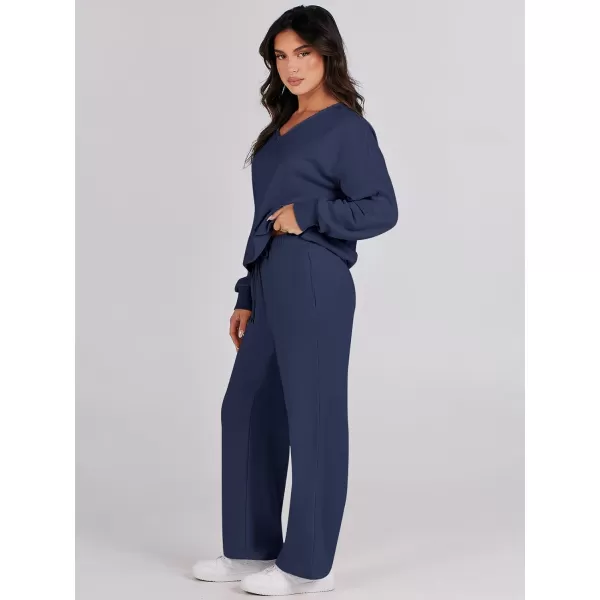 Caracilia Women's Two Piece Outfits Matching Sets Long Sleeve Cropped Tops and Wide Leg Pants Tracksuit Lounge Sets