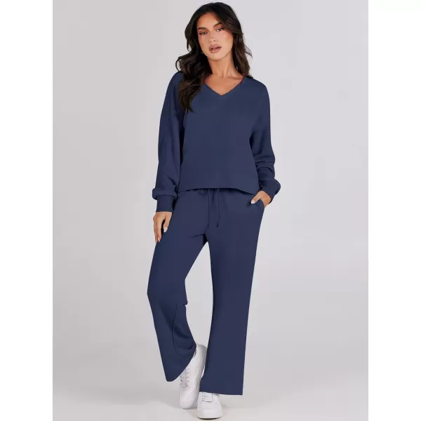 Caracilia Women's Two Piece Outfits Matching Sets Long Sleeve Cropped Tops and Wide Leg Pants Tracksuit Lounge Sets