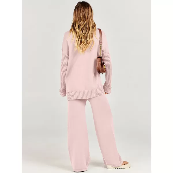 Caracilia Women's Two Piece Outfits Sweater Sets 2 Piece Long Sleeve Knit Pullover Tops Wide Leg Pants 2023 Fall Lounge Sets