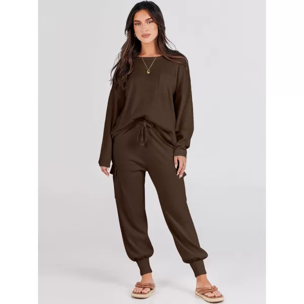Caracilia Women's Two Piece Outfits Sweater Sets Long Sleeve Knit Pullover Tops and Cargo Jogger Pants Lounge Sets