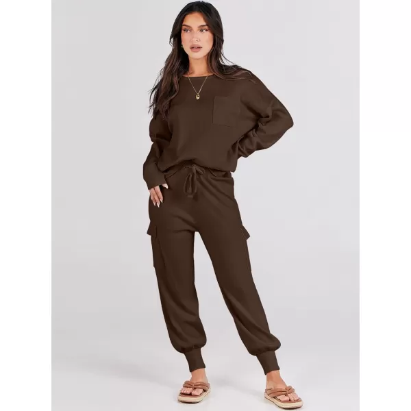 Caracilia Women's Two Piece Outfits Sweater Sets Long Sleeve Knit Pullover Tops and Cargo Jogger Pants Lounge Sets