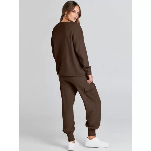 Caracilia Women's Two Piece Outfits Sweater Sets Long Sleeve Knit Pullover Tops and Cargo Jogger Pants Lounge Sets