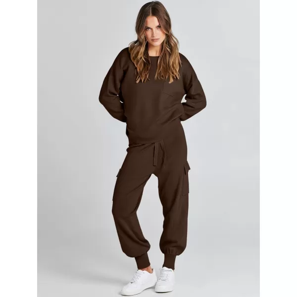 Caracilia Women's Two Piece Outfits Sweater Sets Long Sleeve Knit Pullover Tops and Cargo Jogger Pants Lounge Sets