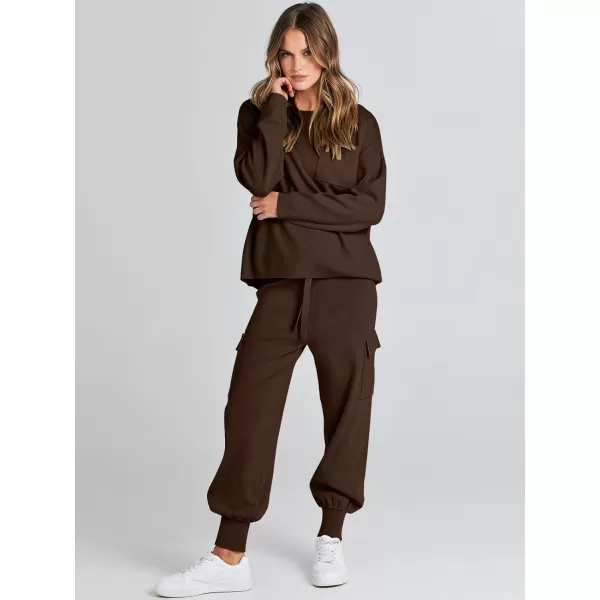 Caracilia Women's Two Piece Outfits Sweater Sets Long Sleeve Knit Pullover Tops and Cargo Jogger Pants Lounge Sets