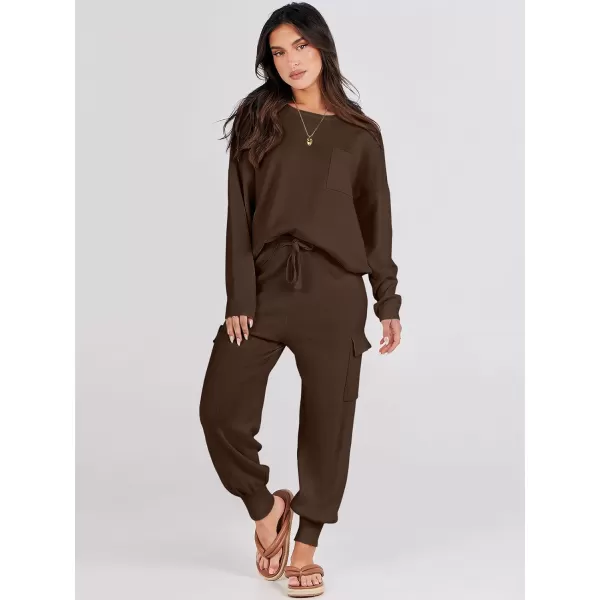 Caracilia Women's Two Piece Outfits Sweater Sets Long Sleeve Knit Pullover Tops and Cargo Jogger Pants Lounge Sets