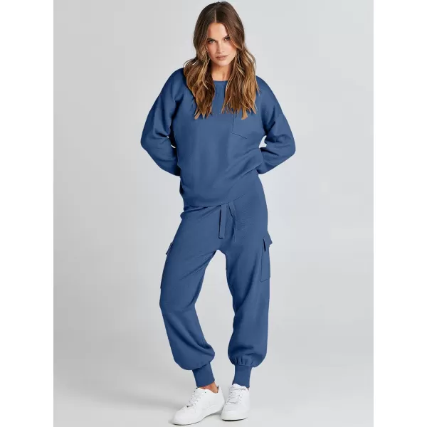 Caracilia Women's Two Piece Outfits Sweater Sets Long Sleeve Knit Pullover Tops and Cargo Jogger Pants Lounge Sets