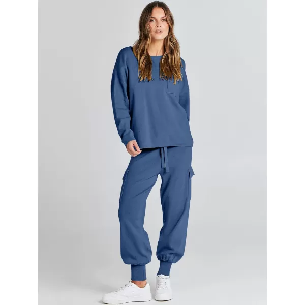 Caracilia Women's Two Piece Outfits Sweater Sets Long Sleeve Knit Pullover Tops and Cargo Jogger Pants Lounge Sets