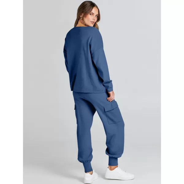 Caracilia Women's Two Piece Outfits Sweater Sets Long Sleeve Knit Pullover Tops and Cargo Jogger Pants Lounge Sets