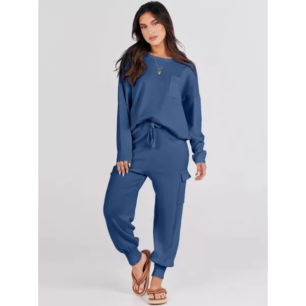 Caracilia Women's Two Piece Outfits Sweater Sets Long Sleeve Knit Pullover Tops and Cargo Jogger Pants Lounge Sets