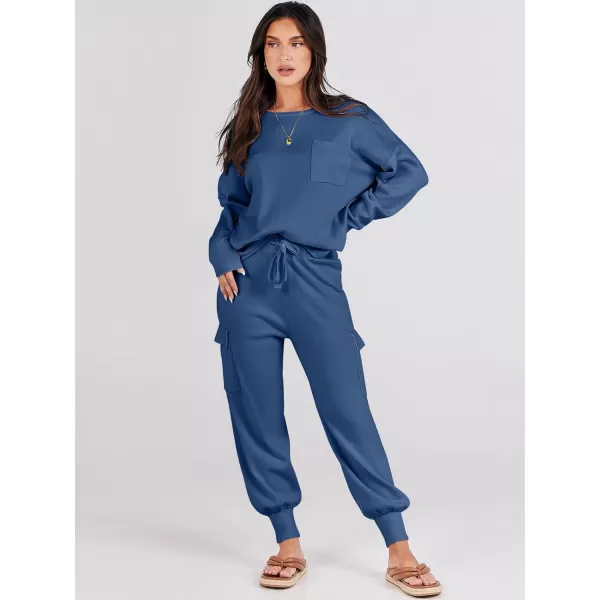 Caracilia Women's Two Piece Outfits Sweater Sets Long Sleeve Knit Pullover Tops and Cargo Jogger Pants Lounge Sets