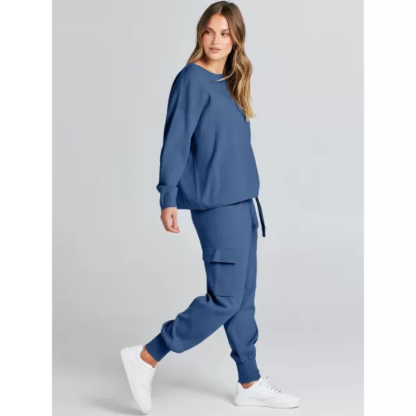 Caracilia Women's Two Piece Outfits Sweater Sets Long Sleeve Knit Pullover Tops and Cargo Jogger Pants Lounge Sets