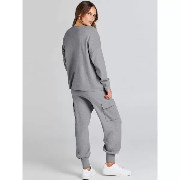 Caracilia Women's Two Piece Outfits Sweater Sets Long Sleeve Knit Pullover Tops and Cargo Jogger Pants Lounge Sets