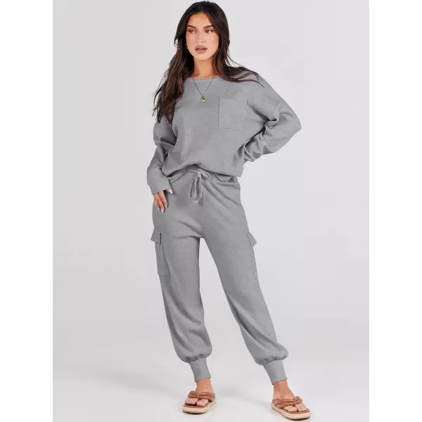 Caracilia Women's Two Piece Outfits Sweater Sets Long Sleeve Knit Pullover Tops and Cargo Jogger Pants Lounge Sets