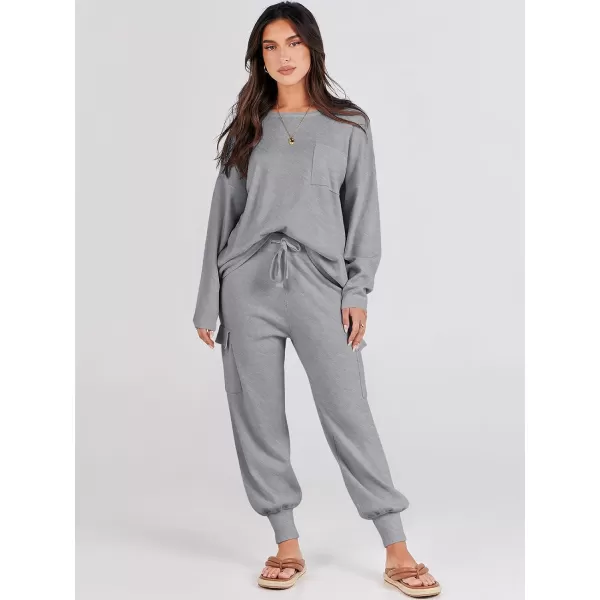 Caracilia Women's Two Piece Outfits Sweater Sets Long Sleeve Knit Pullover Tops and Cargo Jogger Pants Lounge Sets