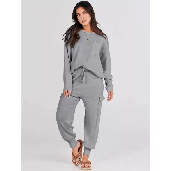 Caracilia Women's Two Piece Outfits Sweater Sets Long Sleeve Knit Pullover Tops and Cargo Jogger Pants Lounge Sets