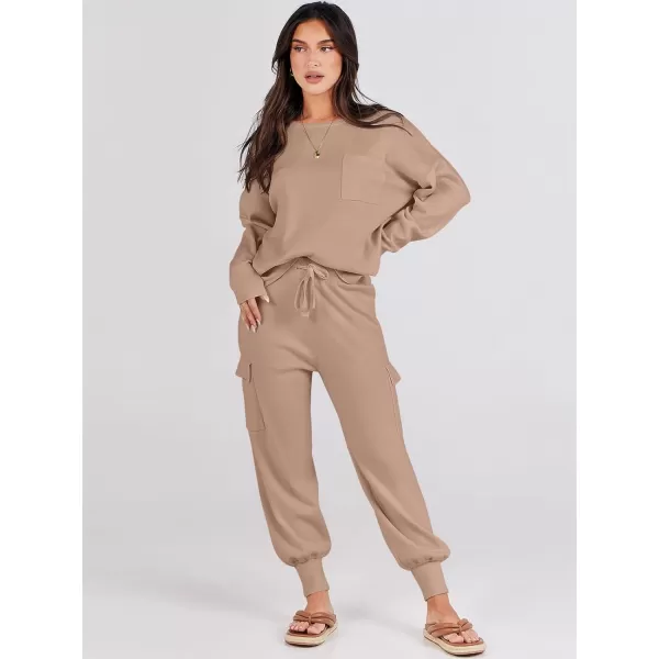 Caracilia Women's Two Piece Outfits Sweater Sets Long Sleeve Knit Pullover Tops and Cargo Jogger Pants Lounge Sets