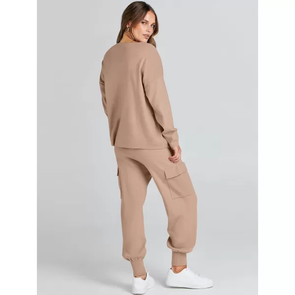 Caracilia Women's Two Piece Outfits Sweater Sets Long Sleeve Knit Pullover Tops and Cargo Jogger Pants Lounge Sets