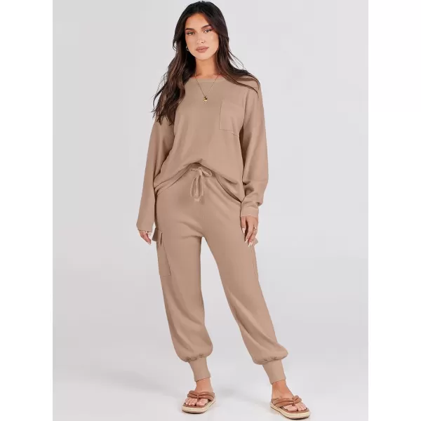 Caracilia Women's Two Piece Outfits Sweater Sets Long Sleeve Knit Pullover Tops and Cargo Jogger Pants Lounge Sets