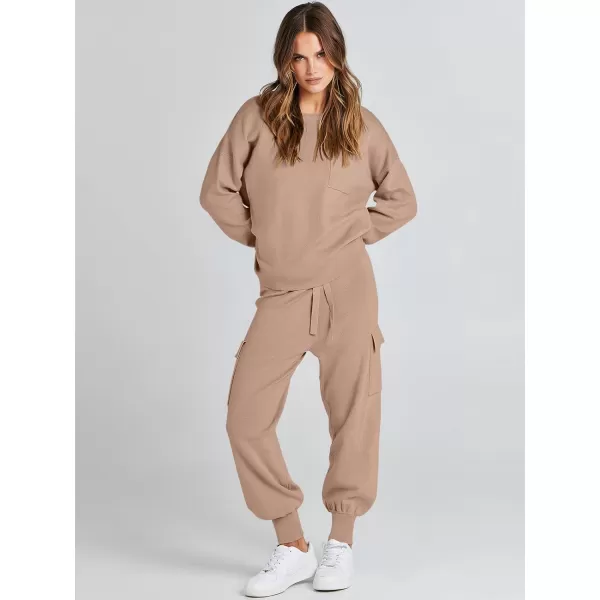 Caracilia Women's Two Piece Outfits Sweater Sets Long Sleeve Knit Pullover Tops and Cargo Jogger Pants Lounge Sets