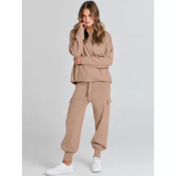 Caracilia Women's Two Piece Outfits Sweater Sets Long Sleeve Knit Pullover Tops and Cargo Jogger Pants Lounge Sets