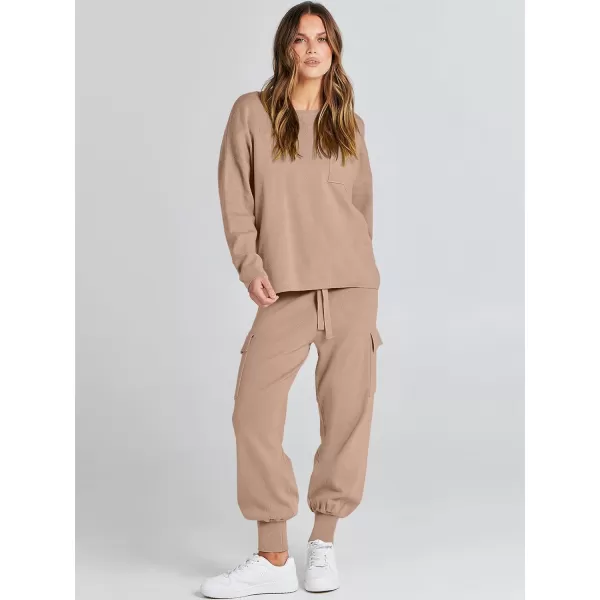 Caracilia Women's Two Piece Outfits Sweater Sets Long Sleeve Knit Pullover Tops and Cargo Jogger Pants Lounge Sets