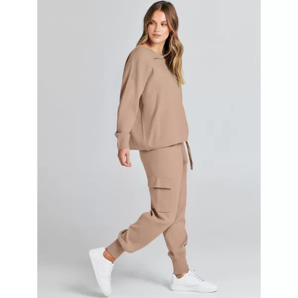 Caracilia Women's Two Piece Outfits Sweater Sets Long Sleeve Knit Pullover Tops and Cargo Jogger Pants Lounge Sets