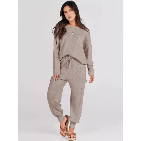 Caracilia Women's Two Piece Outfits Sweater Sets Long Sleeve Knit Pullover Tops and Cargo Jogger Pants Lounge Sets