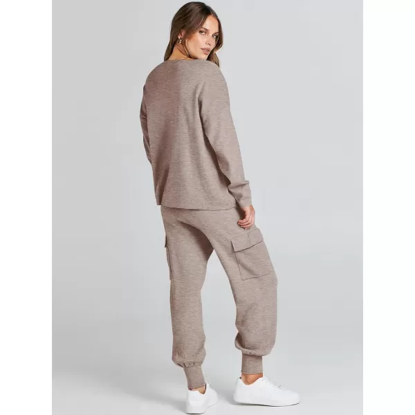 Caracilia Women's Two Piece Outfits Sweater Sets Long Sleeve Knit Pullover Tops and Cargo Jogger Pants Lounge Sets