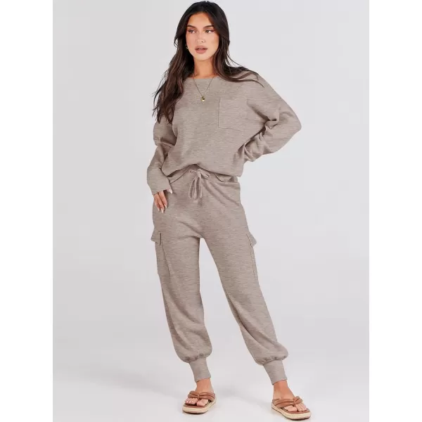 Caracilia Women's Two Piece Outfits Sweater Sets Long Sleeve Knit Pullover Tops and Cargo Jogger Pants Lounge Sets