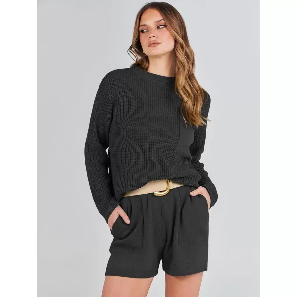 Caracilia Women's Two Piece Outfits Sweater Short Sets Long Sleeve Knit Pullover Top and Shorts Matching Lounge Set Tracksuit