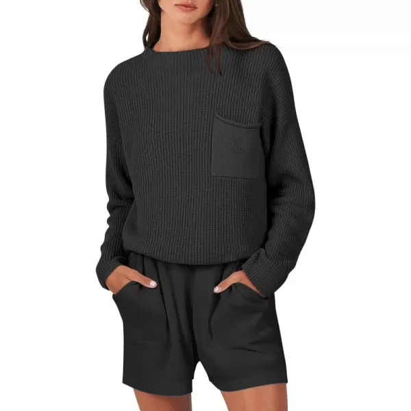 Caracilia Women's Two Piece Outfits Sweater Short Sets Long Sleeve Knit Pullover Top and Shorts Matching Lounge Set Tracksuit