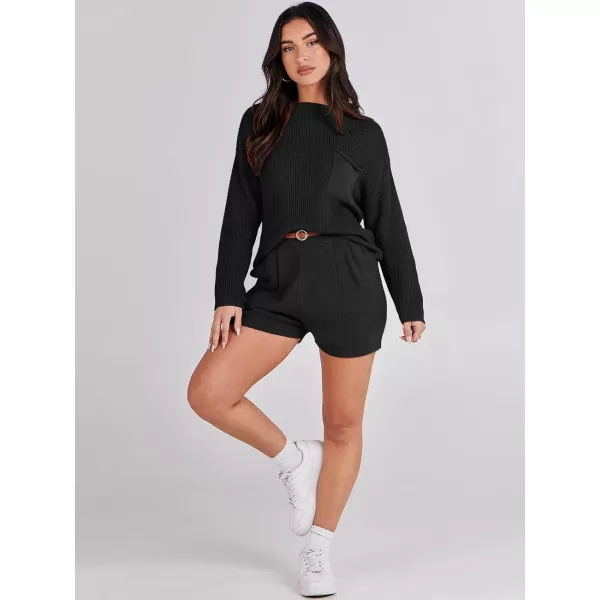 Caracilia Women's Two Piece Outfits Sweater Short Sets Long Sleeve Knit Pullover Top and Shorts Matching Lounge Set Tracksuit