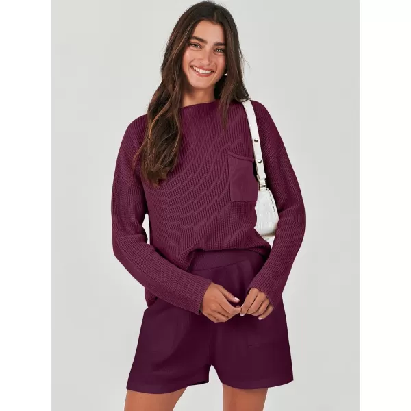 Caracilia Women's Two Piece Outfits Sweater Short Sets Long Sleeve Knit Pullover Top and Shorts Matching Lounge Set Tracksuit