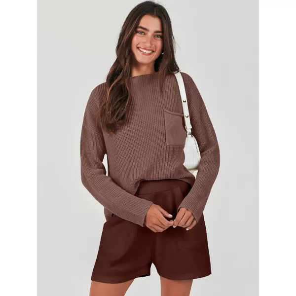 Caracilia Women's Two Piece Outfits Sweater Short Sets Long Sleeve Knit Pullover Top and Shorts Matching Lounge Set Tracksuit
